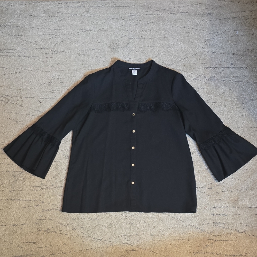 Karl Lagerfeld Black Blouse with Bell Sleeves, S Size, Preowned
